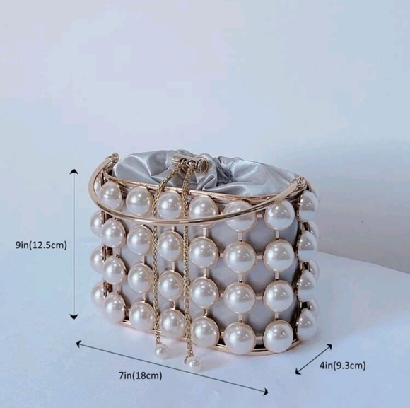 Mini Faux Pearl Decor Drawstring Design Chain Satin Box Bag - Picture 7 of 8